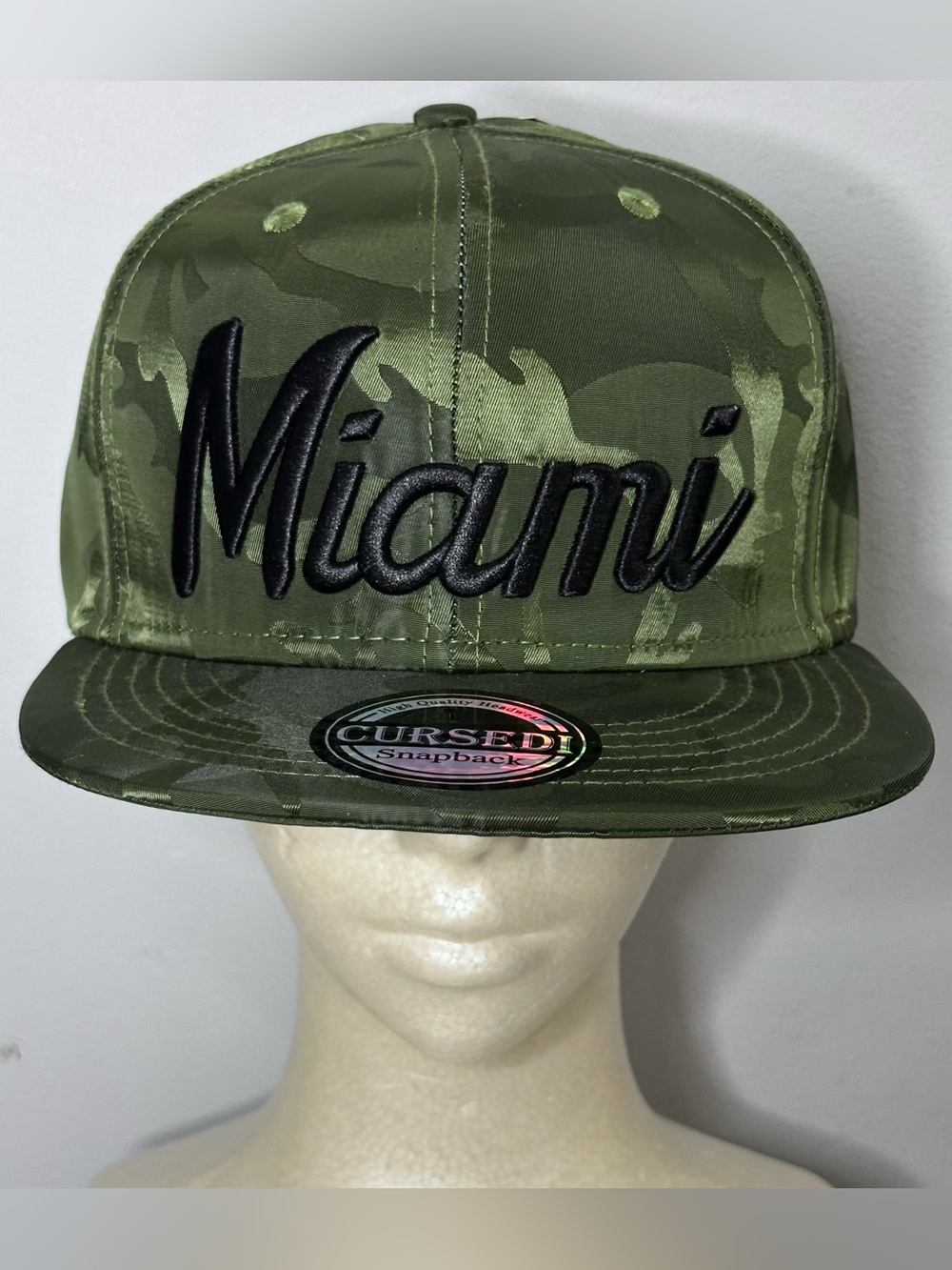 Miami Snapback Hat Olive Camo Black Embroidered Logo Flat Bill NWT One Size